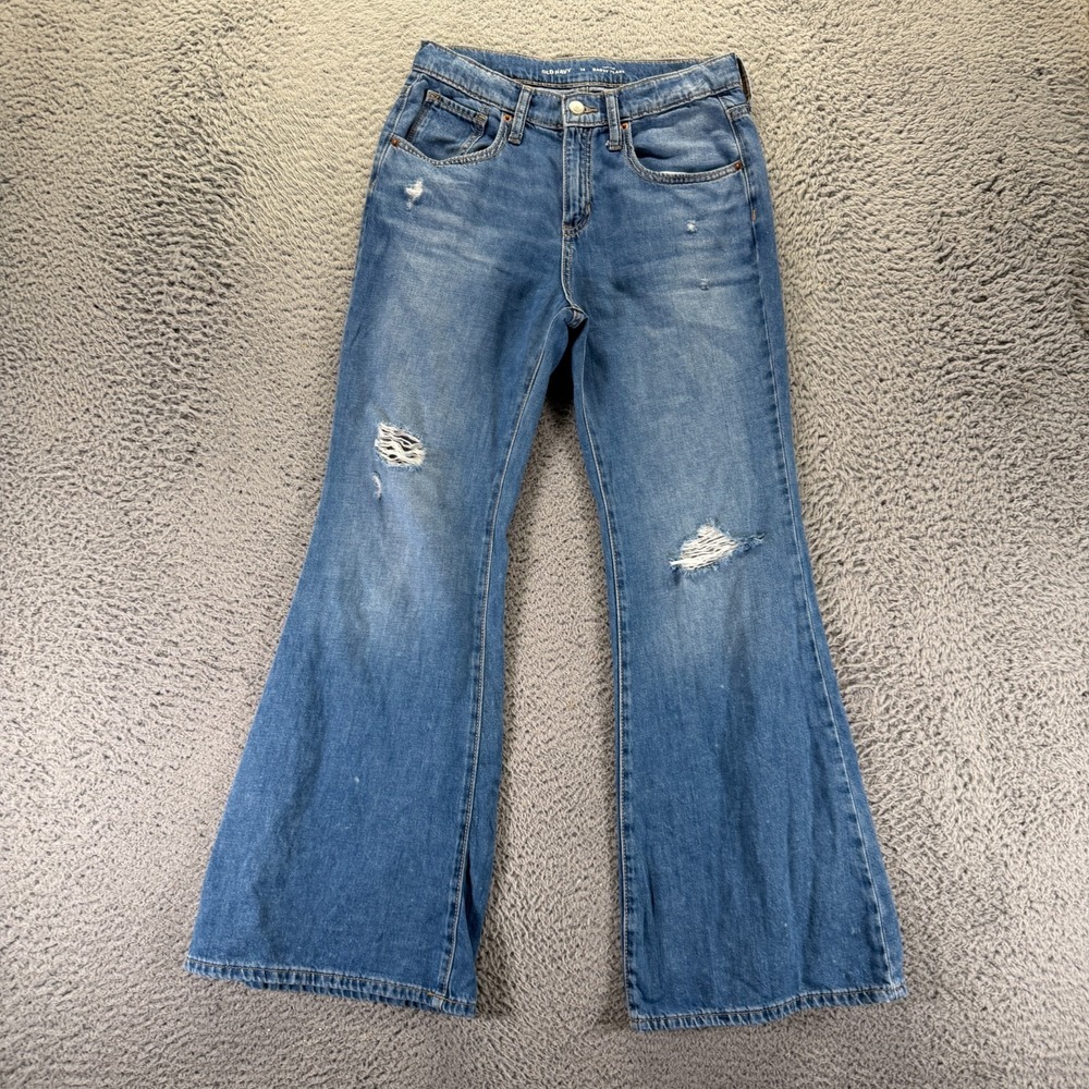 Old Navy Jeans Girl's 14 Blue Cotton Denim Flared Leg Distressed Faded High Rise